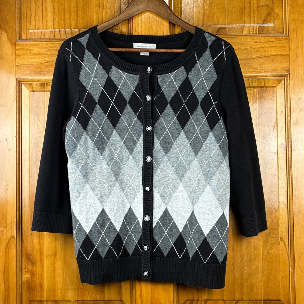 Christopher & Banks Argyle Cardigan Sweater Black Grey White Cotton Womens M